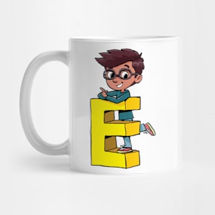 boy stands on the capital letter E Mug